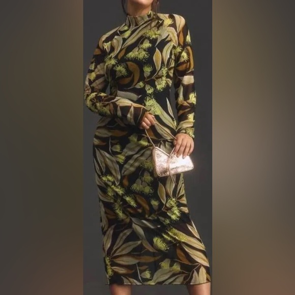 Anthropologie Long-Sleeve Mock-Neck Printed Slim Midi Dress - Picture 8 of 9